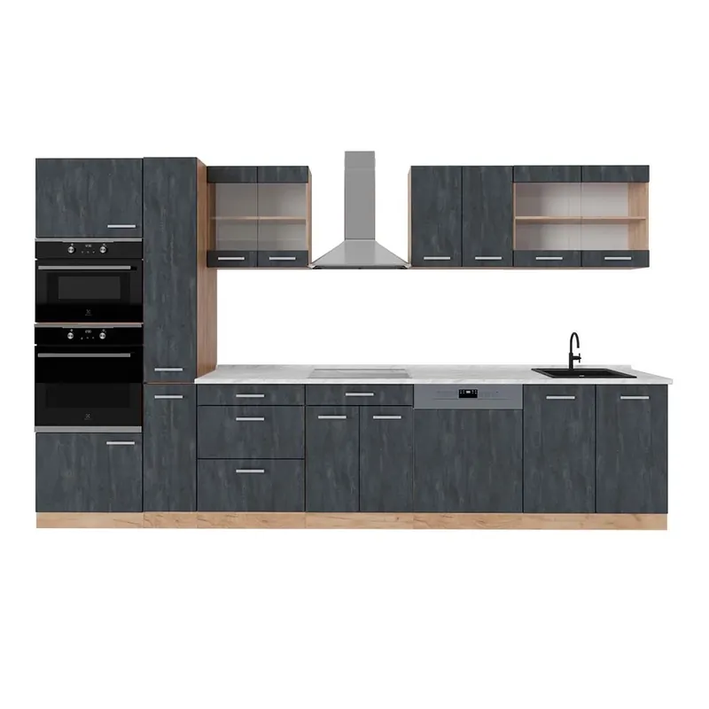 Cel mai vândut Kitchenette R-Line Beton negru/stejar Goldkraft 350 cm , AP Marmură Vicco