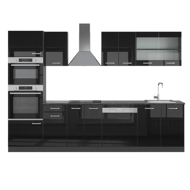 Kitchenette R-Line Negru lucios/antracit 300 cm cu dulap înalt, AP antracit Vicco Reduceri