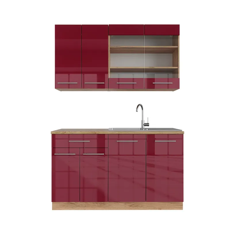 Preț mic Bucătărie simplă Fame-Line Bordeaux lucios/stejar Goldkraft 140 cm , AP Stejar Vicco