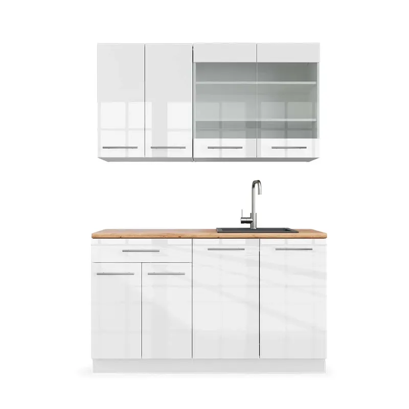 Lichidare de stoc Bucătărie simplă Fame-Line Alb lucios/alb 140 cm , AP Stejar Vicco