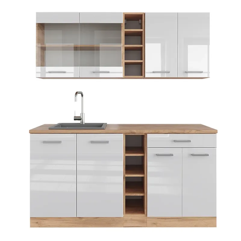 Reducere extra Bucătărie simplă R-Line Alb lucios/stejar Goldkraft 160 cm , AP Stejar Vicco