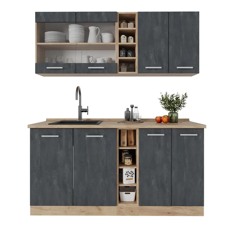 Preferatul clienților Bucătărie simplă R-Line Beton negru/stejar Goldkraft 160 cm AP stejar Vicco