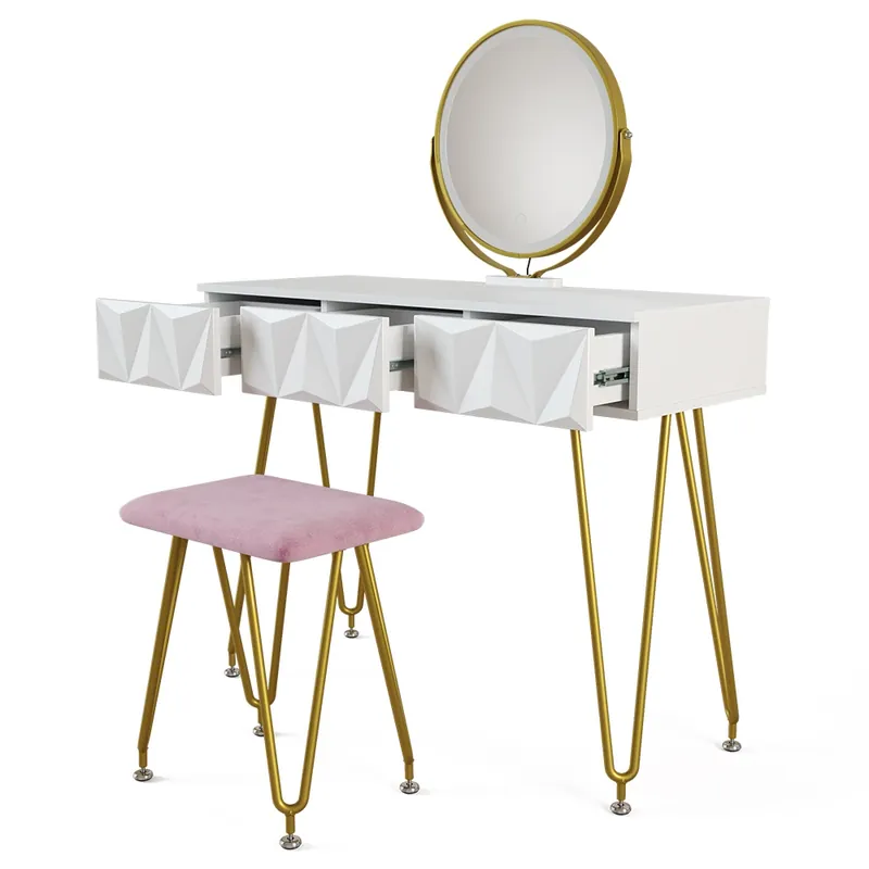Noutate Masă de toaletă Ruby Alb 100 cm cu iluminare LED si taburet Vicco