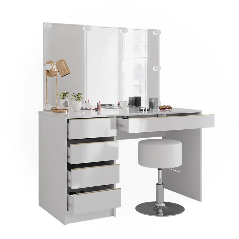 Retur ușor Masă de toaletă Sherry Alb/Auriu 120 cm cu iluminare LED si taburet Vicco