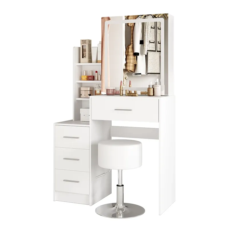 Masă de toaletă Lisca Alb 80 cm cu oglinda LED si taburet Vicco Nu rata