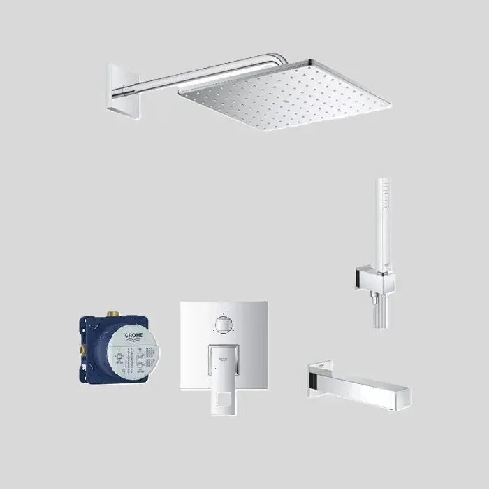 Noutate Sistem cada dus cu baterie monocomanda, incastrata, 3 iesiri si brat umplere cada, Grohe Eurocube 35600000+24094000+13303000+26564000+ 26405000