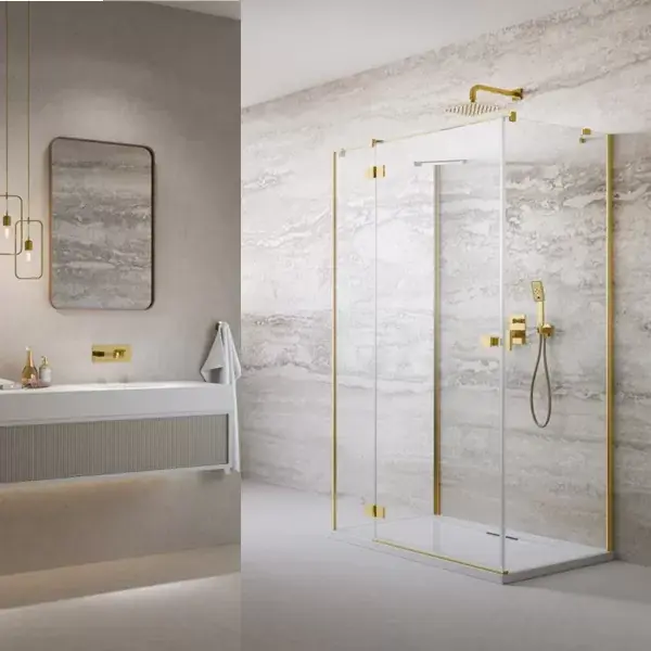 Cabina de dus rectangulara, 3 pereti, cu usa pivotanta, auriu lucios, Radaway Essenza Gold KDJ+S Cumpărături sigure