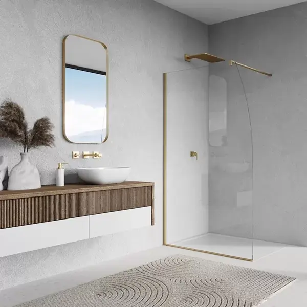 Ofertă de sezon Perete de dus tip Walk-In, cu profil compensator de fixare pe perete, Ronal Easy Segel STR4PS Gold Brushed