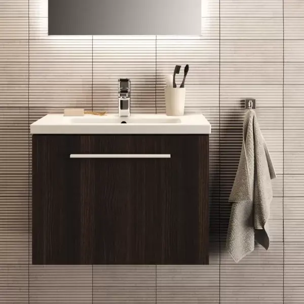 Reducere de preț Mobilier de baie 60 cm stejar cafeniu, cu un sertar si lavoar adanc, Ideal Standard i.Life S T5292NW+T459001