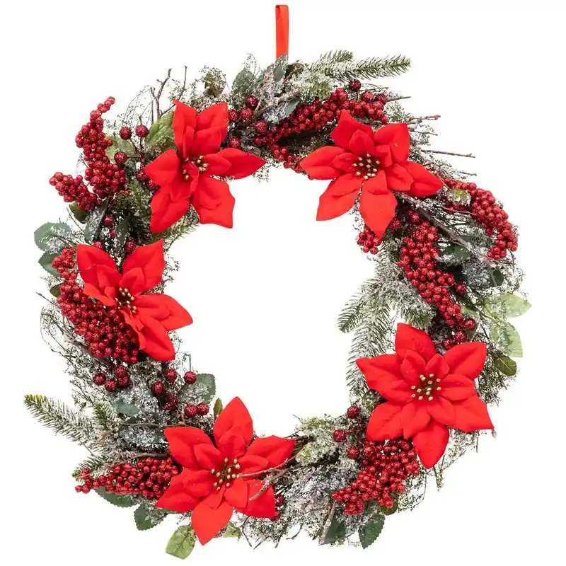 Coronita decorativa pentru Craciun, cu flori Poinsettia, diametru 50 cm, verde si rosu Reducere specială