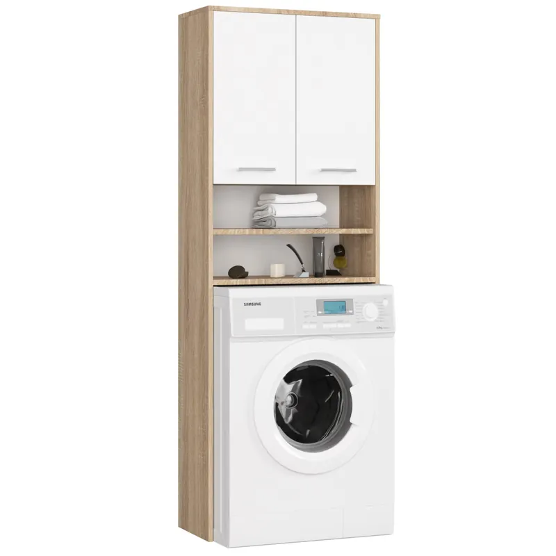 Dulap baie inalt pentru spatiu deasupra masinii de spalat, cu usi si polite, 64x30x180 cm, stejar sonoma si alb Cumpărături sigure