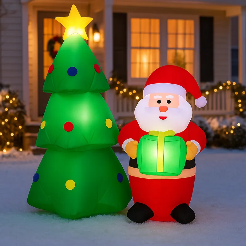 Decoratiune exterior gonflabila de Craciun cu Mos Craciun si brad iluminat, LED, compresor integrat, 148 cm Reducere