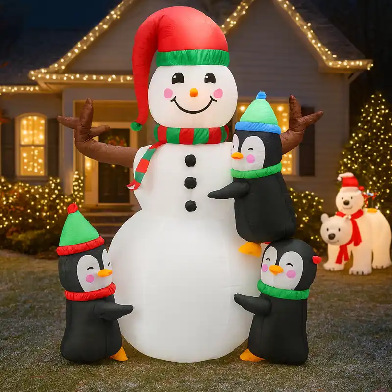 Reducere extra Om de zapada gonflabil de exterior, cu pinguini si iluminare LED, 190 cm, compresor integrat, alb