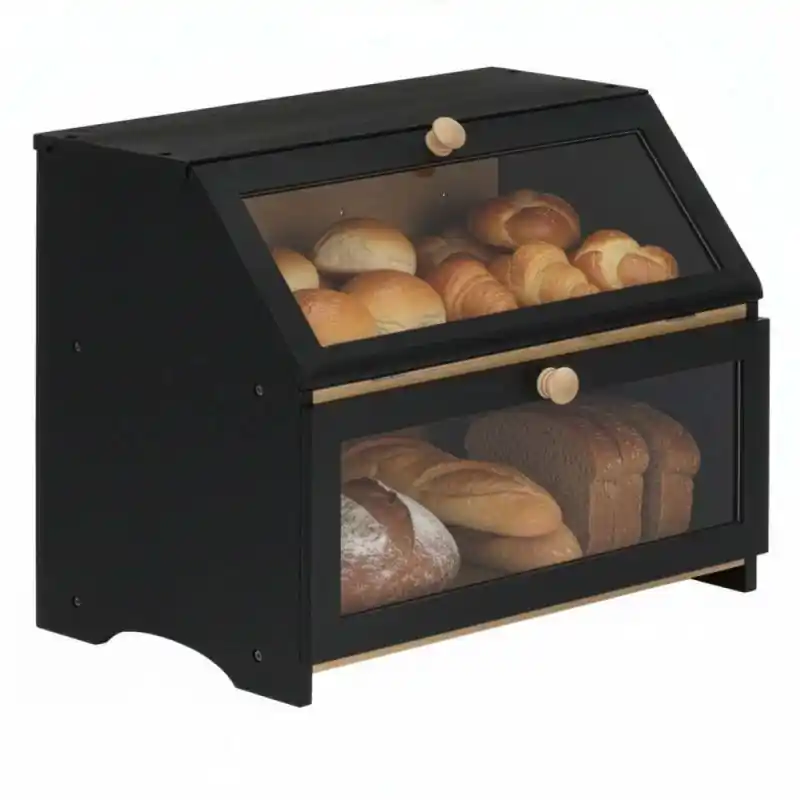 Doar azi Cutie pentru paine cu 2 niveluri din bambus, cu ferestre transparente si inchidere magnetica, 39x25x32 cm, negru