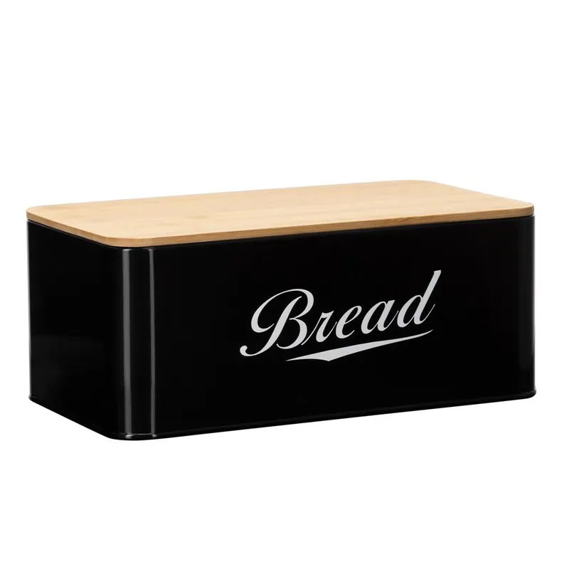 Cutie pentru paine din metal cu capac din bambus, finisaj lucios, 33x18x14 cm, negru Ofertă de sezon