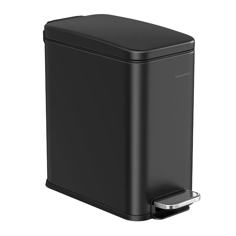 SONGMICS Cos de gunoi cu pedala, potrivit pentru baie, capac soft-close si galeata detasabila, otel inoxidabil, 5 litri, 30x14x29 cm, negru Livrare expres