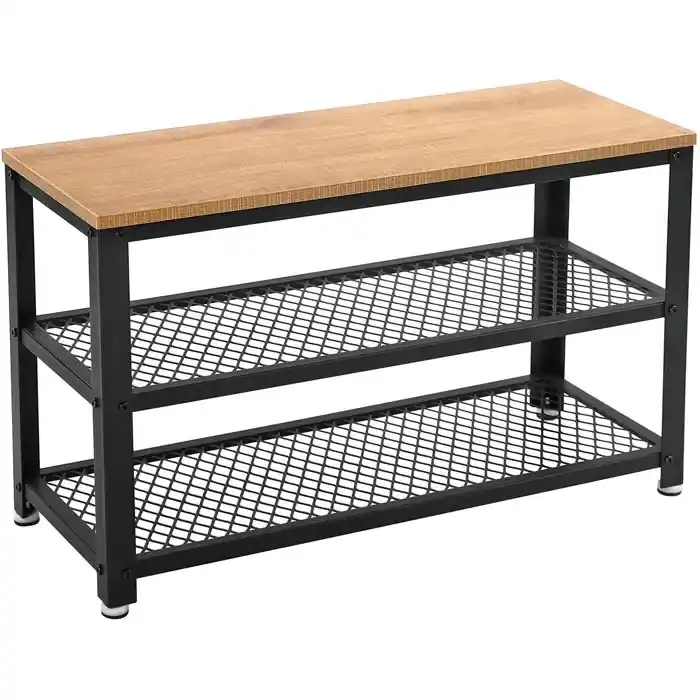 VASAGLE Banca pantofi cu 2 rafturi, cadru metalic si sezut din PAL, stil industrial, 73x30x45 cm, stejar si negru Preț redus