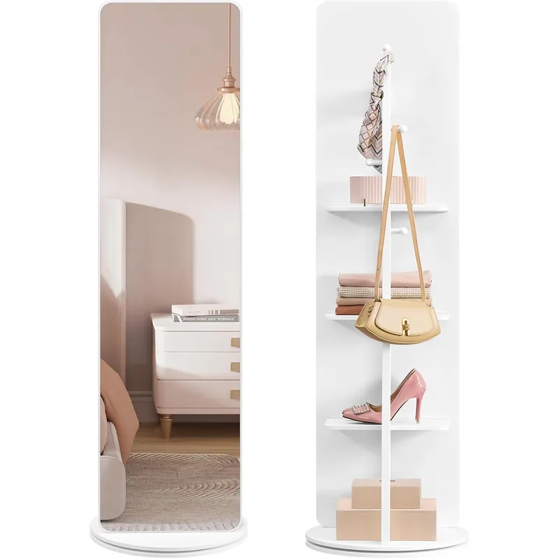 Disponibil imediat SONGMICS Oglinda inalta rotativa 360°, 2 in 1 cu rafturi si cuier in spate, MDF, sticla securizata, 45x45x163 cm, alb