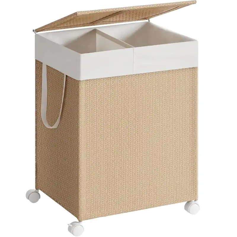 Doar azi SONGMICS Cos rufe din tesatura tip ratan, 100L cu 2 compartimente si roti, 47x38x65 cm, bej natur