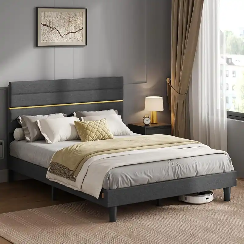 VASAGLE Pat tapitat 140×200 cm, cu tablie capitonata, somiera din lemn masiv reglabila, structura metalica, gri inchis Promoție