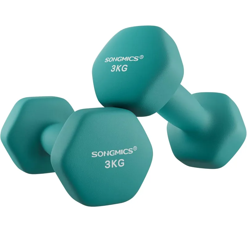 SONGMICS Set gantere fitness hex 2×3 kg, antiderapante, din fier invelit in vinil, verde Reducere de preț