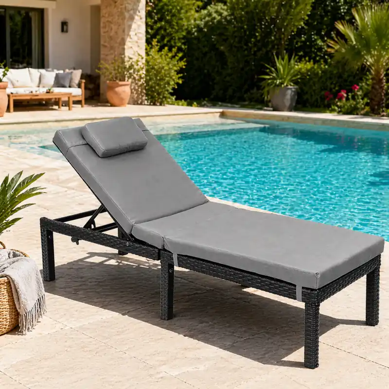 SONGMICS Sezlong gradina cu saltea groasa si tetiera, ratan PE si metal, maxim 150 kg, 195x65x40 cm, negru si gri Reducere extra