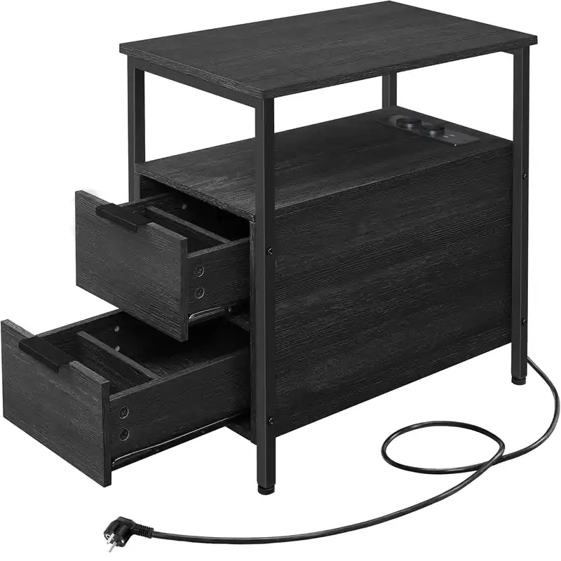 VASAGLE Noptiera 60x35x61 cm, cu 2 sertare, rafturi si priza incorporata, PAL si otel, gri antracit si negru Premium