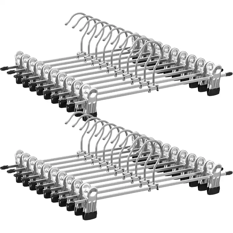 Preț promoțional SONGMICS Set de 20 de umerase pantaloni din metal, cu cleme reglabile, carlige rotative 360°, 31 cm, argintiu