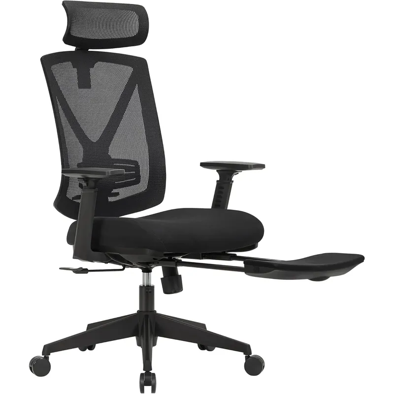 Ofertă de sezon SONGMICS Scaun birou ergonomic cu suport picioare extensibil, sezut gros cu spuma, spatar mesh si tetiera reglabila, 69x70x133 cm, negru