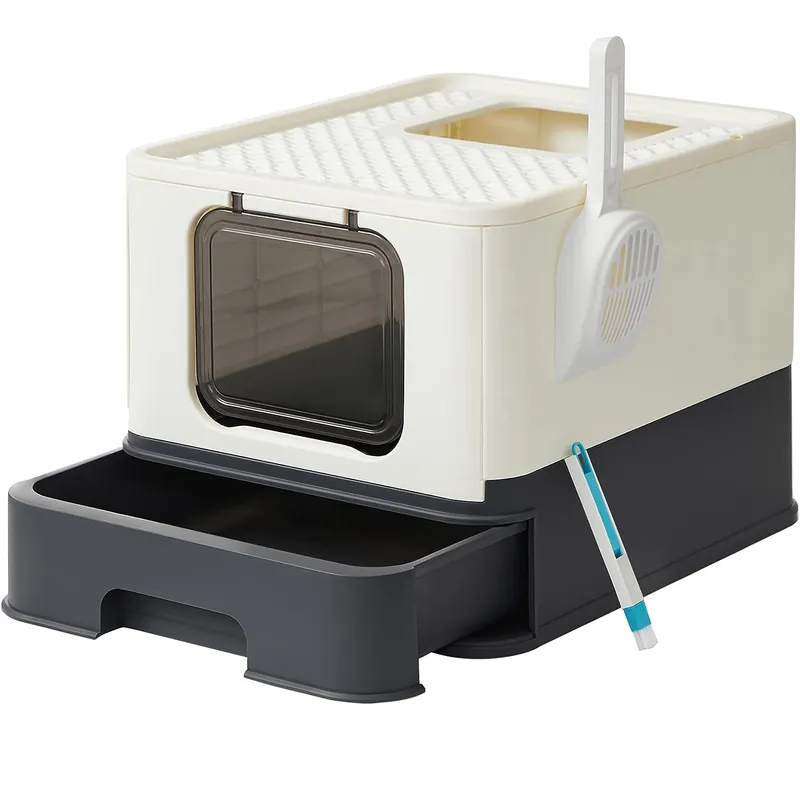 Chilipir FEANDREA Litiera pentru pisici cu capac, tava extensibila, pentru pisici de pana la 15 kg, 54x43x38cm, bej negru