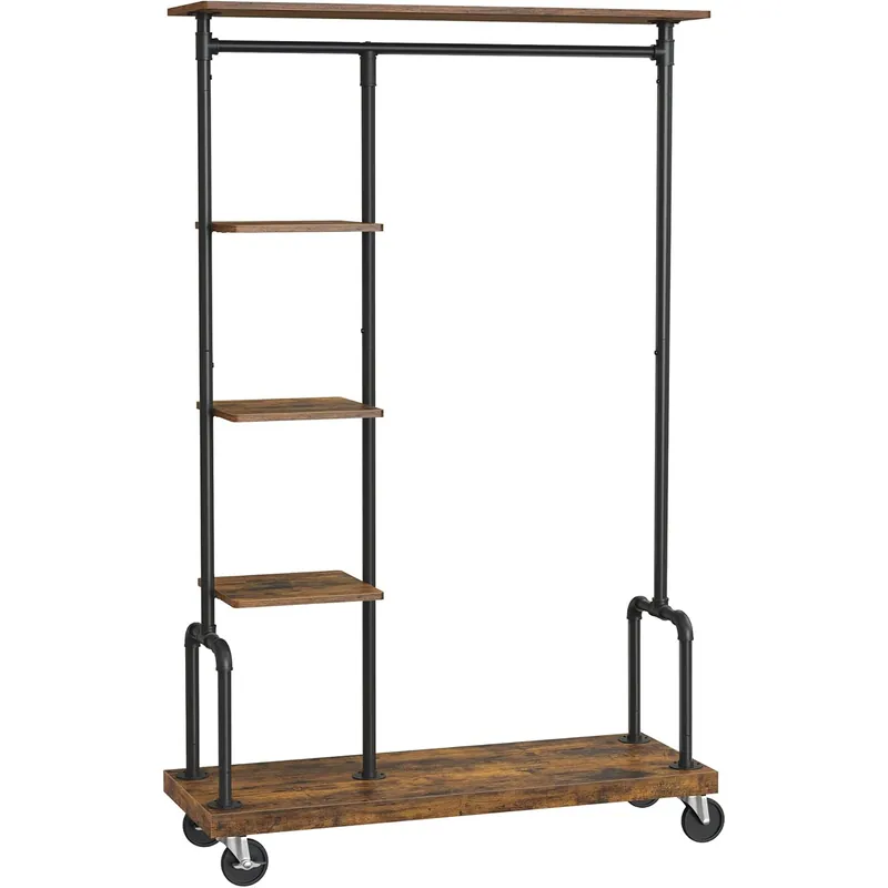 VASAGLE Suport haine cu roti, 5 rafturi, bara metalica pentru umerase, cadru metalic, 104x40x175 cm, maro rustic Expediere rapidă