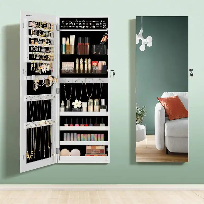 SONGMICS Dulap pentru bijuterii, cu oglinda design fara rama, MDF, montare pe perete sau usa, 37x10x108 cm, alb Ofertă exclusivă