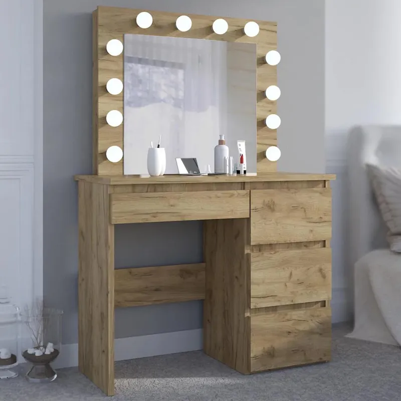 Ofertă Masa de toaleta si machiaj Hollywood cu oglinda LED si 4 sertare, 94x43x140 cm, craft