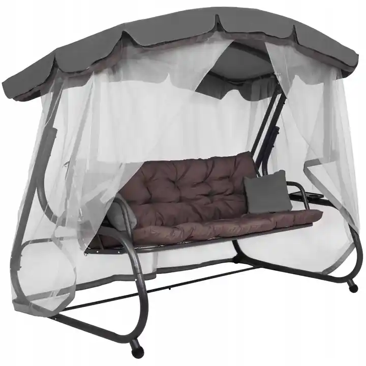 Retur ușor Balansoar gradina 226x126x192 cm, 3 in 1 leagan, pat si relaxare, cu plasa anti-insecte, copertina reglabila, saltea si perne incluse, gri si maro