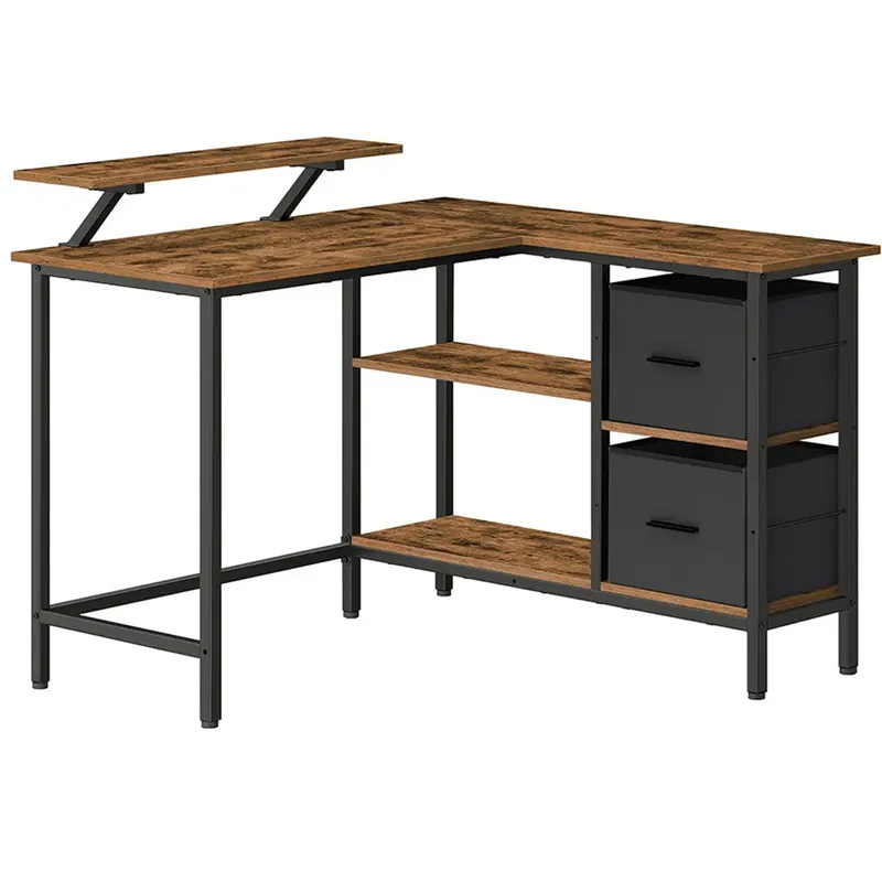 VASAGLE Birou de colt in forma L, cu 2 sertare si suport monitor, montare pe ambele parti, stil industrial, 115×105 cm, maro rustic Ieftin