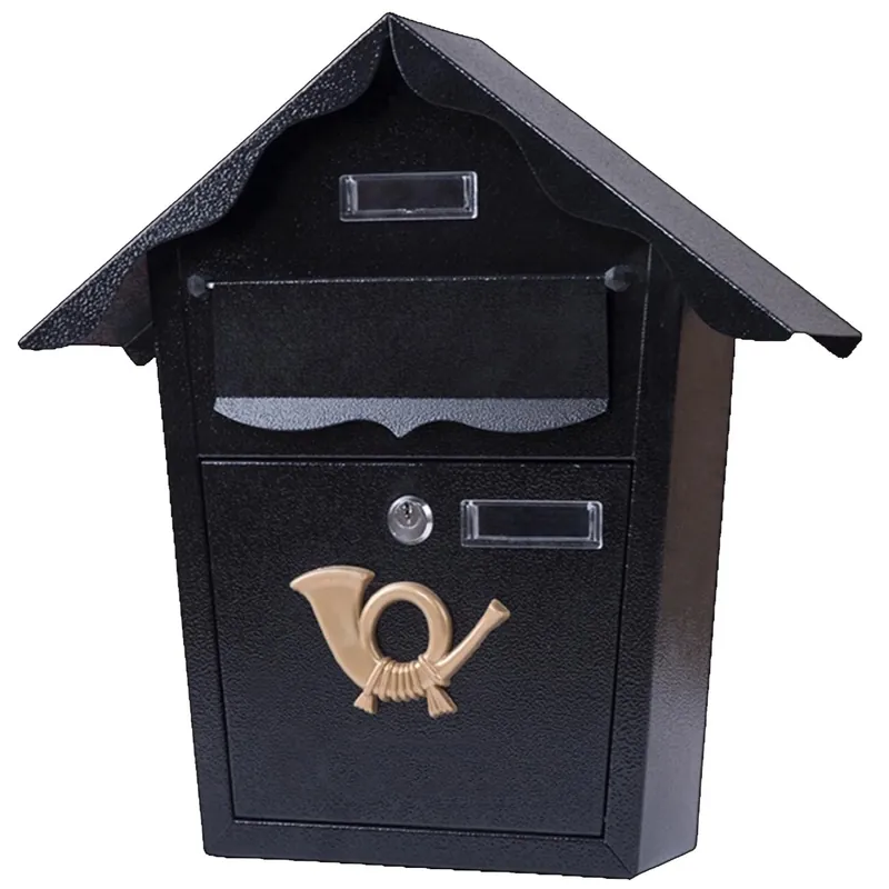 Cumpără online Cutie postala eleganta din metal negru, design clasic cu emblema aurie, rezistenta la intemperii, 38x38x10cm
