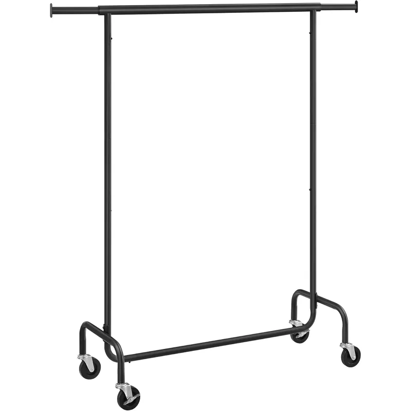 Retur gratuit SONGMICS Suport pentru haine extensibil pe roti, bara reglabila 110-150 cm, stil industrial, 150x45x160 cm, negru