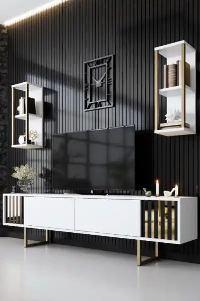 Comodă TV Gold, Alb- Negru Disponibil imediat