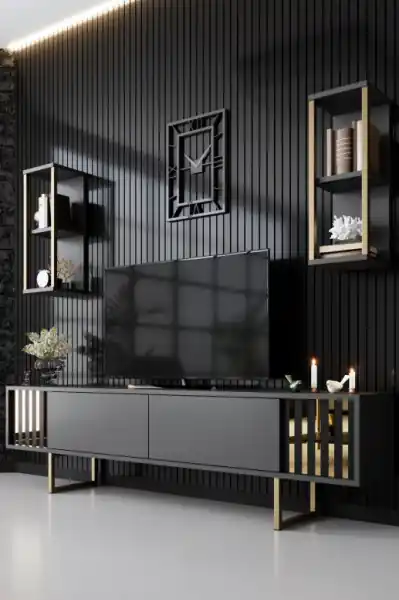 Reducere specială Comodă TV Gold, Antracit- Negru