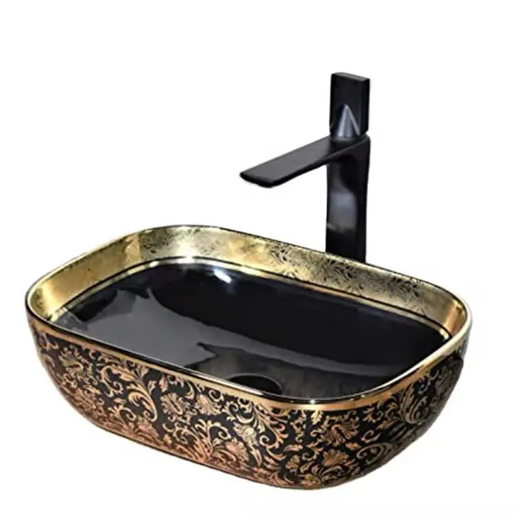 Lavoar Ceramica, pe blat, Negru, Auriu, Rectangular, Glam LDPG519 Reducere extra