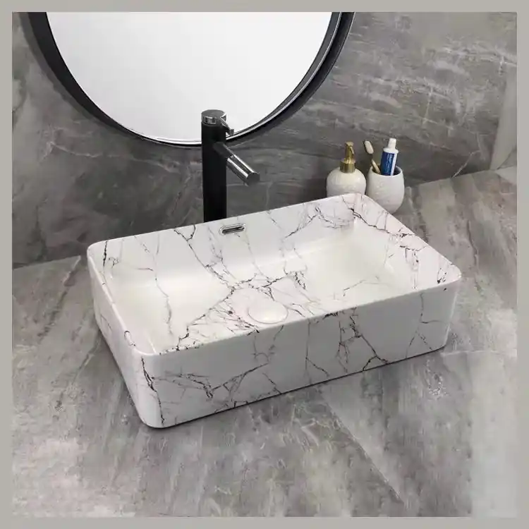 Preț promoțional Lavoar pe blat, Ceramica, Alb, Rectangular, Classic Marble LDP755