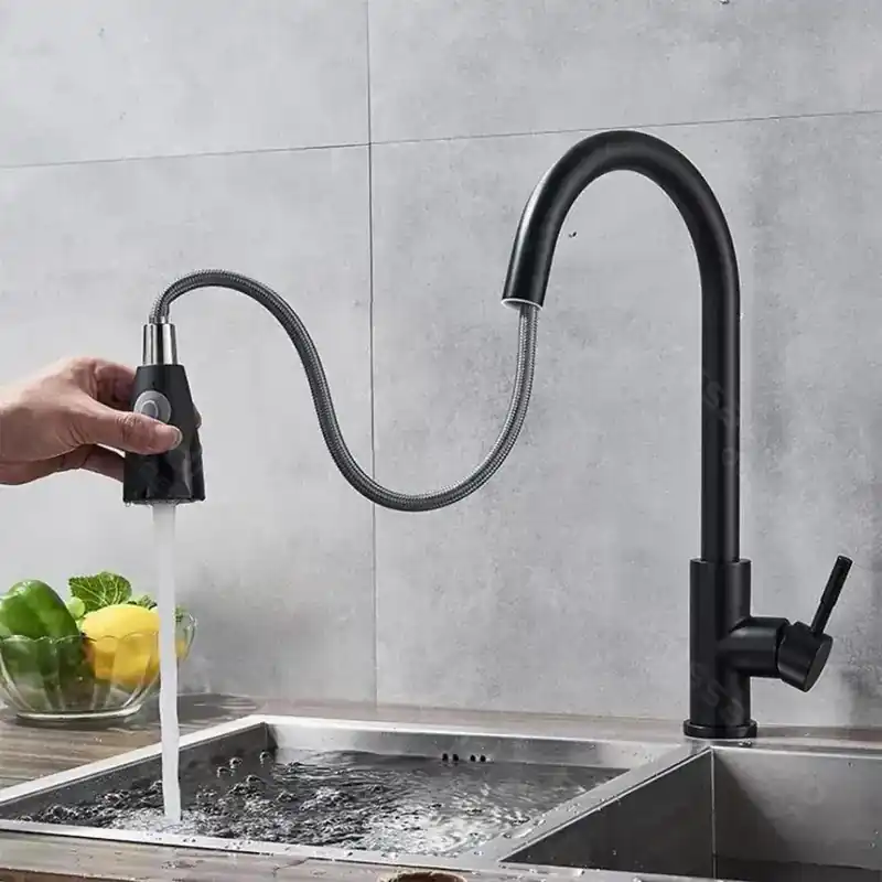 Baterie Bucatarie cu Dus Extractibil, Inox SUS304, Negru, HS003 Ieftin