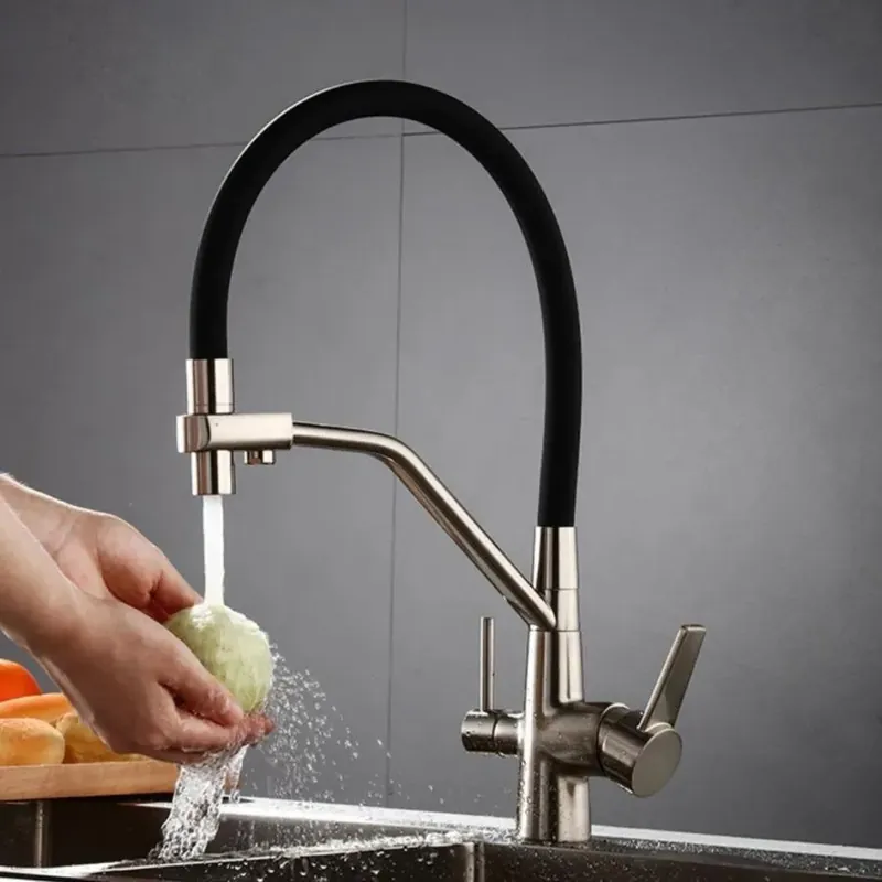 Baterie Bucatarie cu 3 Cai Pipa Flexibila Alama Sanitara Argintiu Negru Retur gratuit