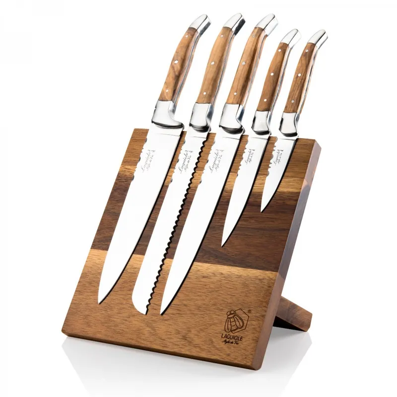 Set 5 cutite de bucatarie cu suport magnetic din lemn de maslin Laguiole Style de Vie Luxury Line KOKSMESSETOLIJF Ofertă specială