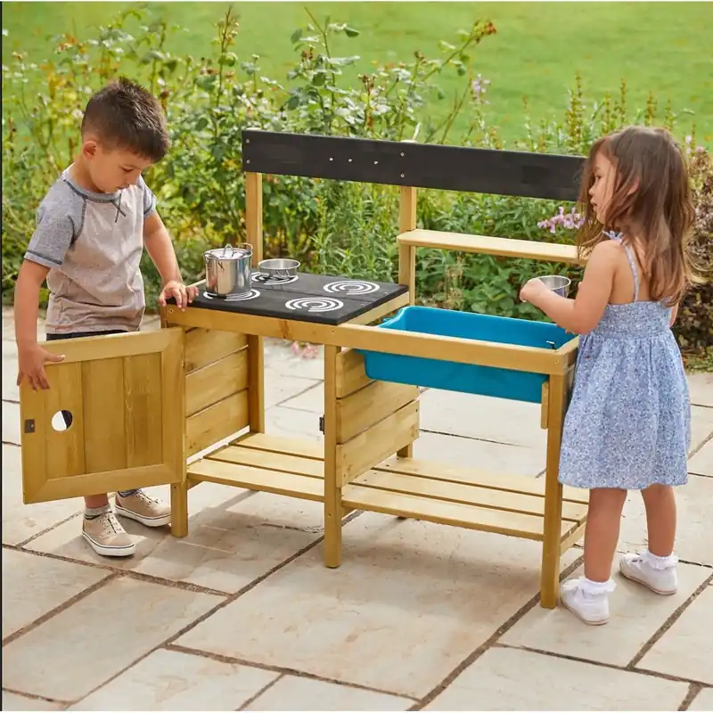 Bucatarie de joaca pentru copii, TP Toys, lemn natural, 95x37,5x88cm, set accesorii Popular