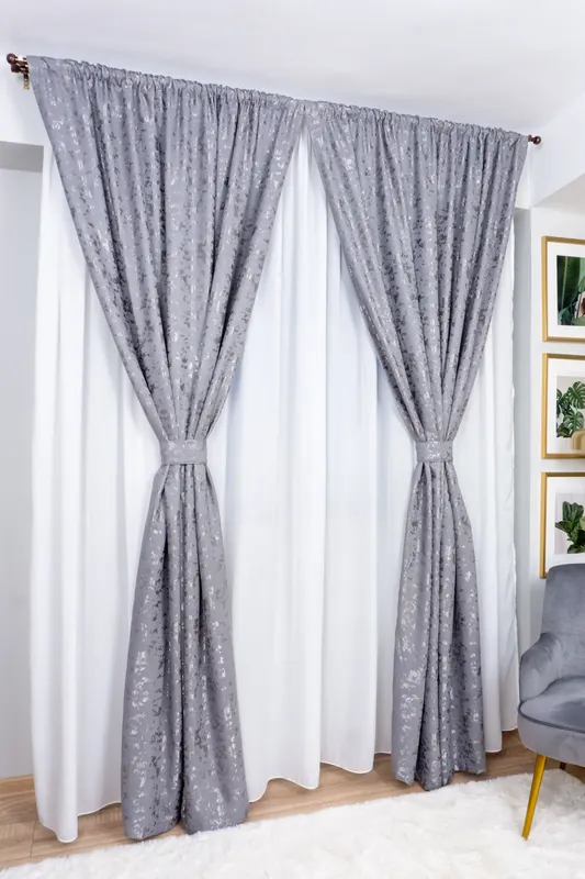 Cel mai vândut Set Kimberly - Draperie Gri Inchis Striat si Perdea Matase Alba Nobila